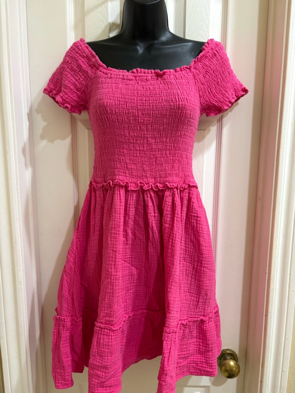 Bright Pink Smocked Off-Shoulder Short Sleeve Dress❤️ NEW